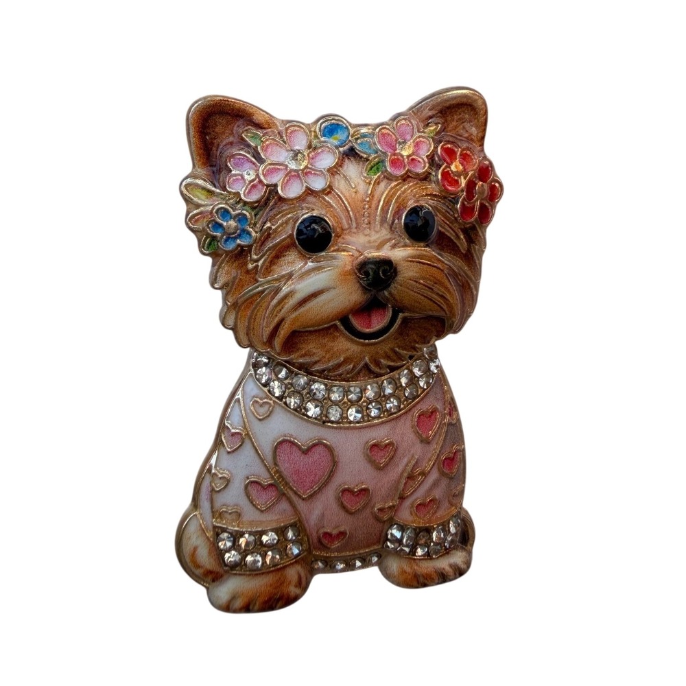 Yorkshire Terrier Yorkie Dog Brooch Enamel Rhinestone Floral Heart Gold Tone Pin